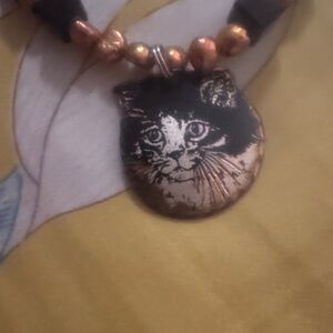 Copper Catface Pendant Necklace - Black & Copper Colors